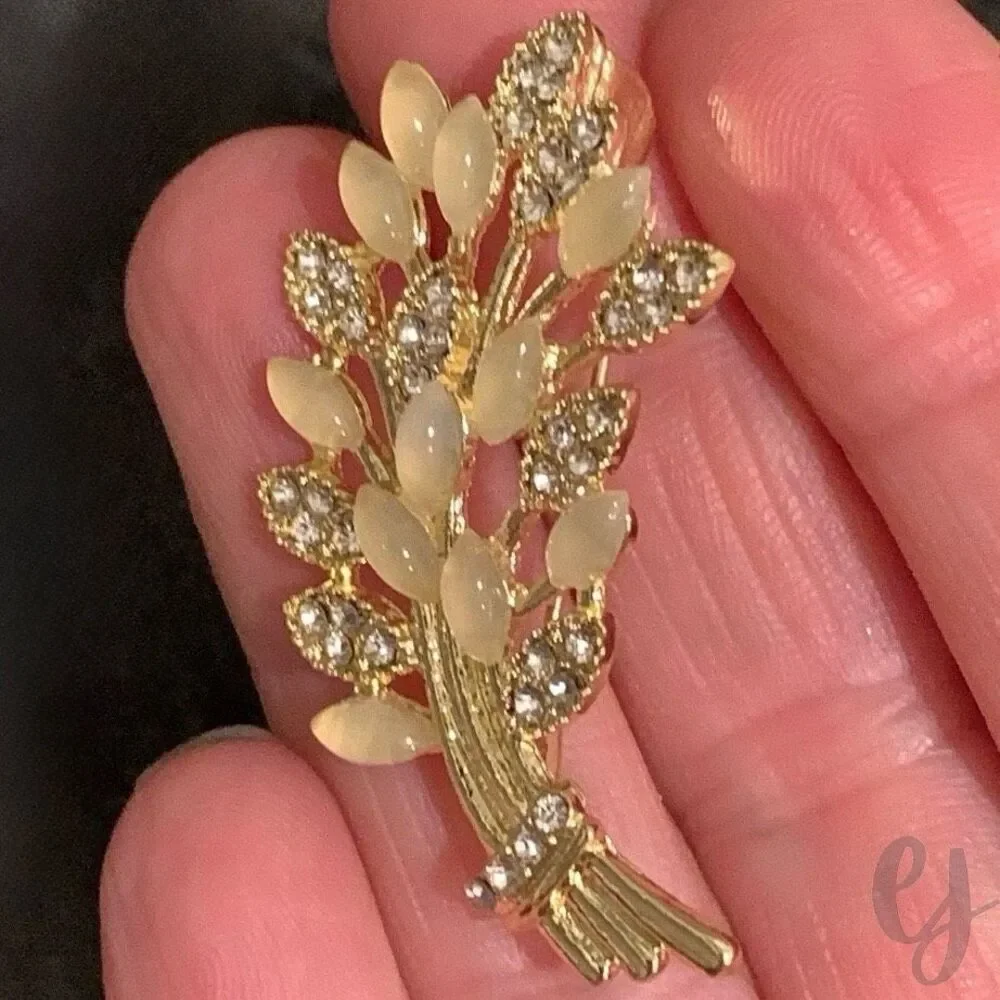 Golden Wheat Sheaf Brooch with Crystal Accents